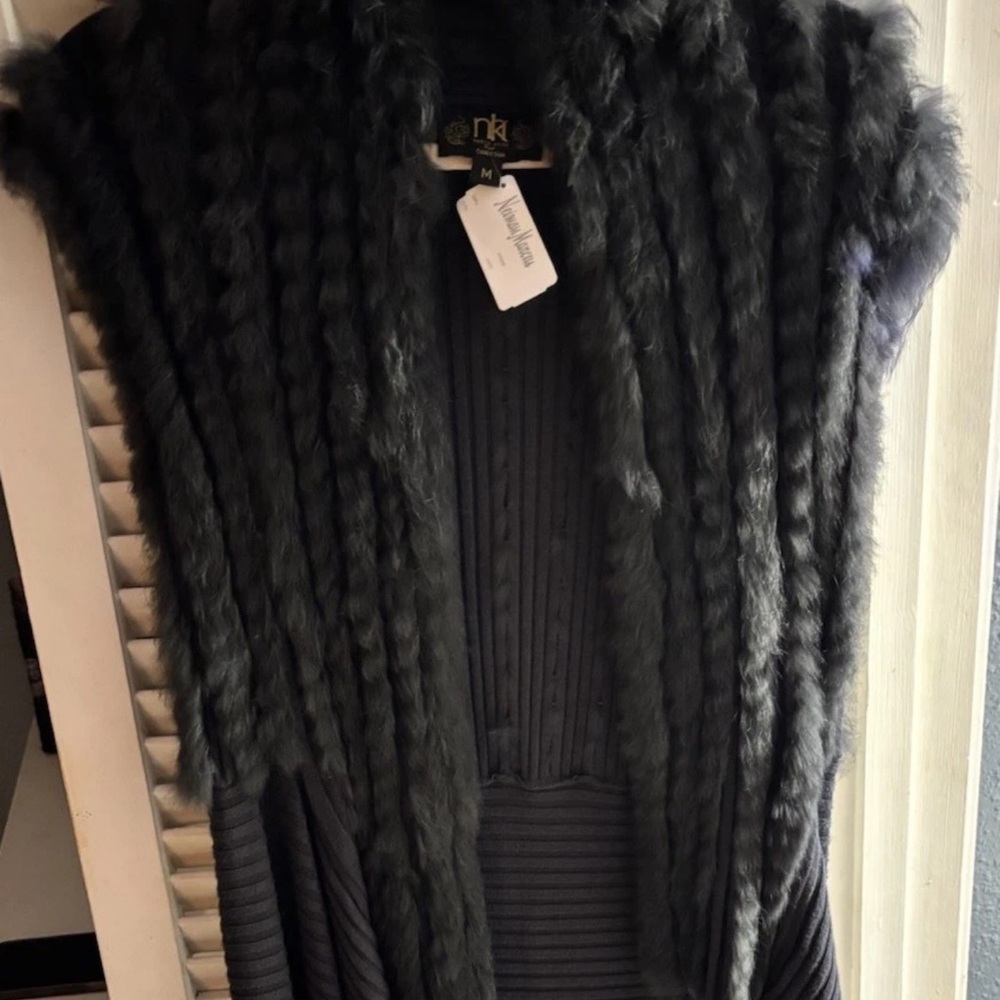 Neiman Marcus Black Fur-Trimmed Vest